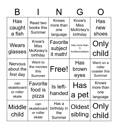 Classmate Bingo Card