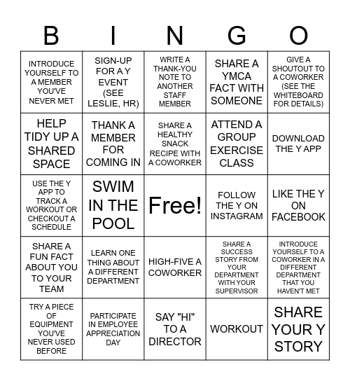 YMCA EMPLOYEE APPRECIATION Bingo Card