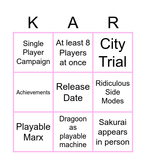 Kirby Air Riders Direct Bingo Card