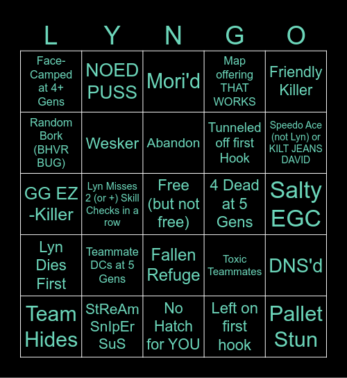 DBD Bingo Card