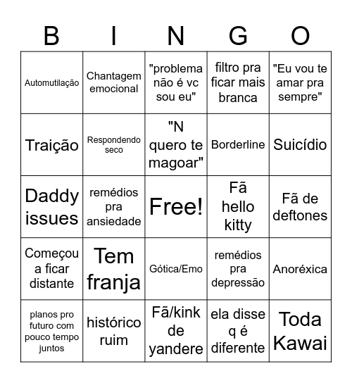 adolescente se fudendo pq ignorou conselhos Bingo Card