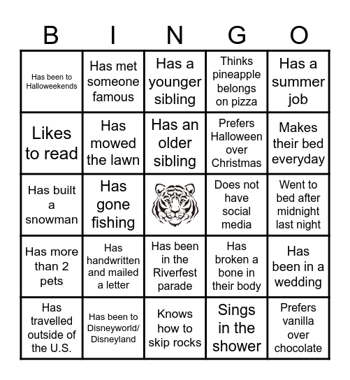 Class of 2029 Bingo Card