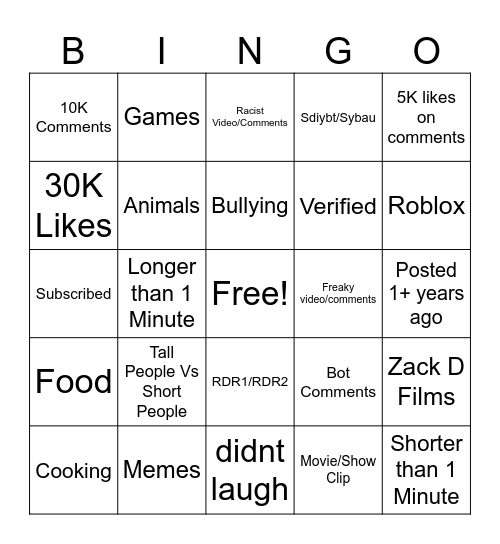 Youtube Shorts Bingo Card