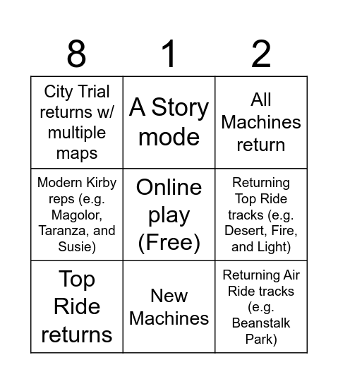 Kirby Air Riders Direct Bingo Card