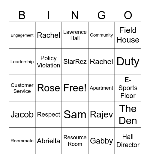 SCSU RA Training Bingo Card