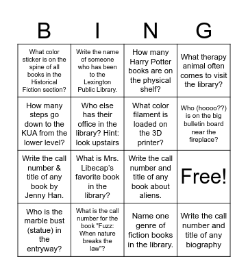 Library Orientation Bing Bingo Card
