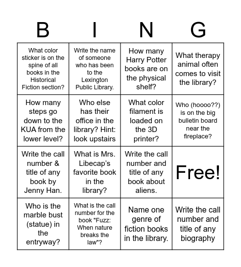 Library Orientation Bing Bingo Card