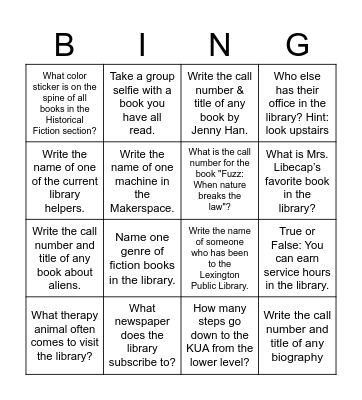 Library Freshman Seminar BING Bingo Card