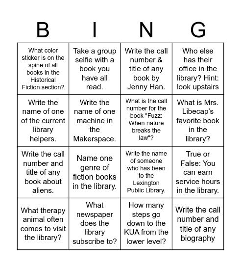 Library Freshman Seminar BING Bingo Card