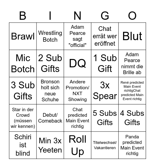 RAW Watchparty Bingo Card