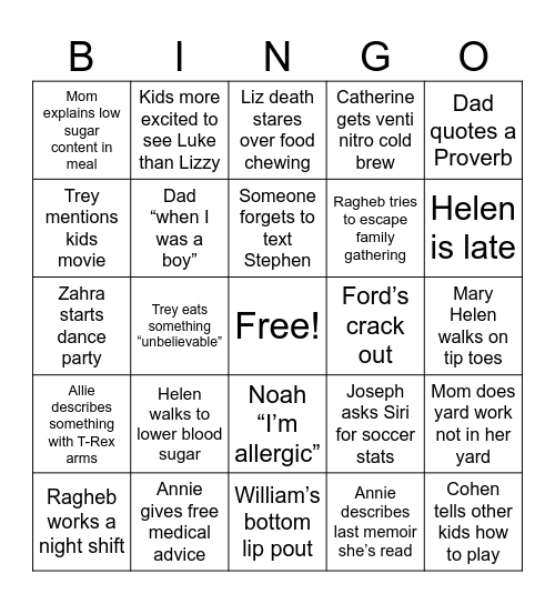 Cave Family Bingo Card