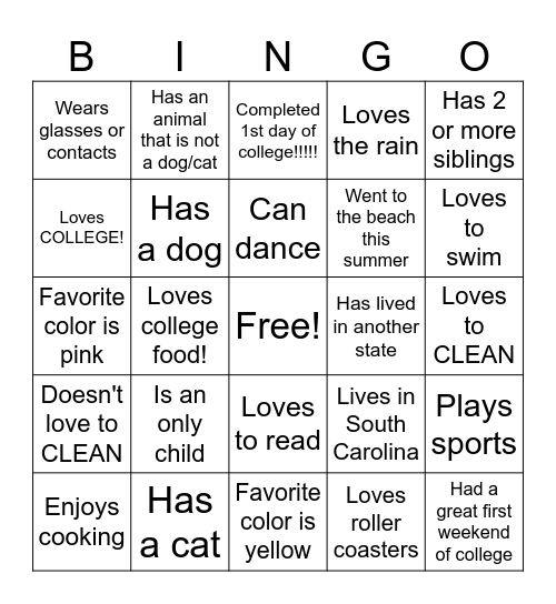 USCA LIFE Bingo Card