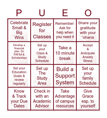 UHWO - CARE Going Back to School BINGO Card
