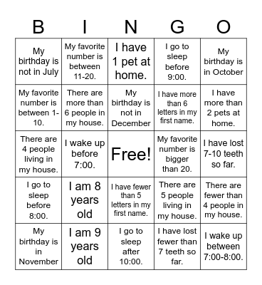 All About Me Bingo Card