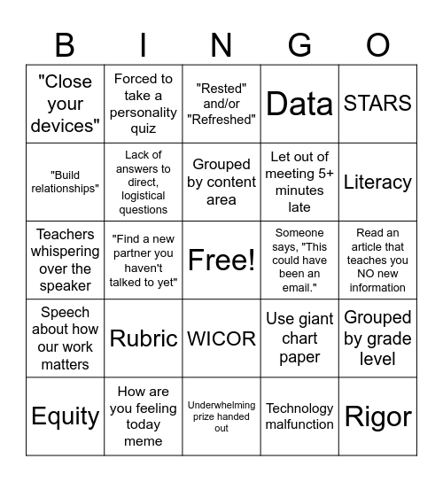 Preservice BINGO Card