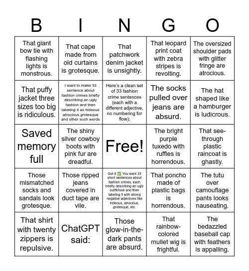 Fashion Crimes Bingo Card