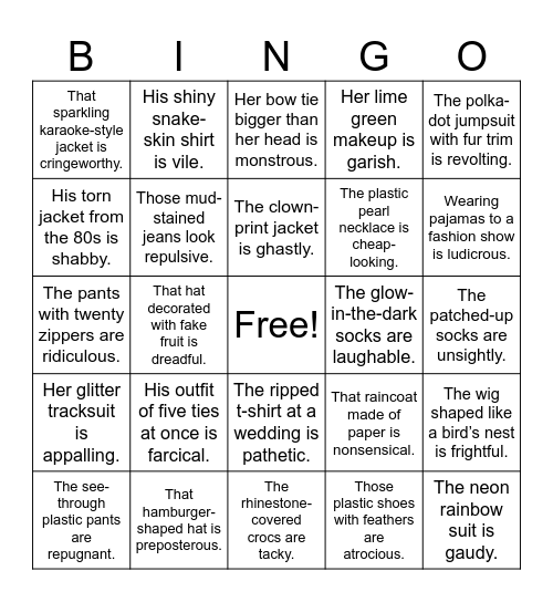 33 Fashion Crimes Bingo Card