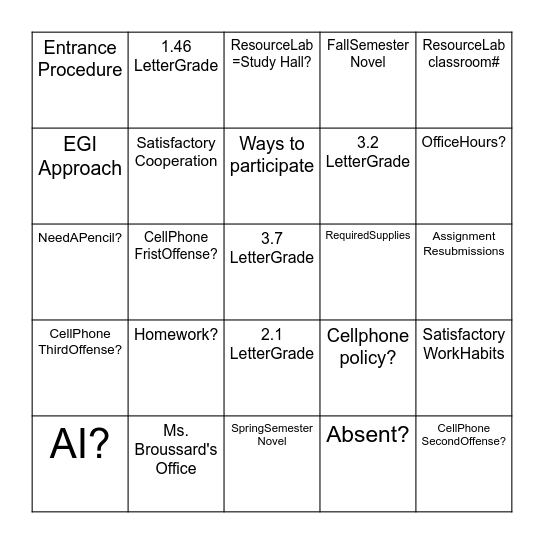 Resource Lab Syllabus Bingo Card
