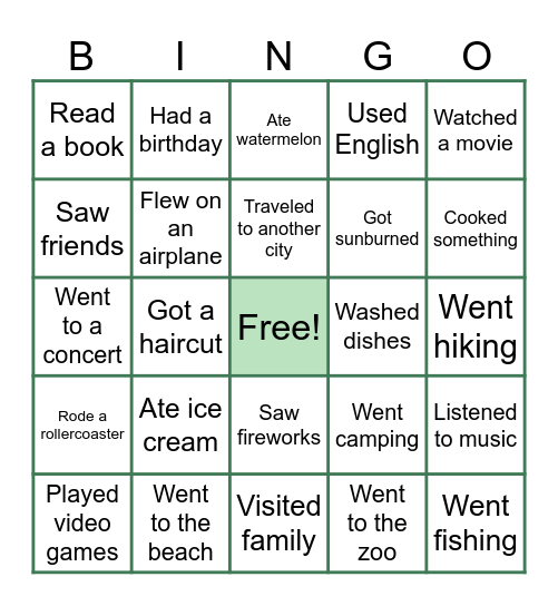 Summer Break Bingo Card