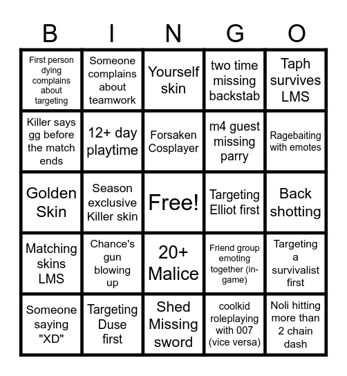 Forsaken bingo Card