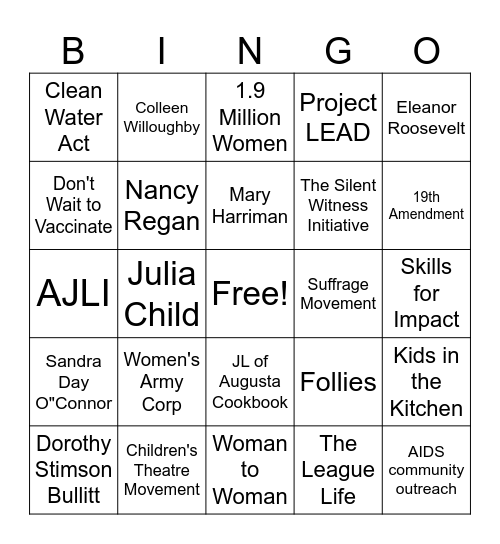 Junior League Bingo! Bingo Card