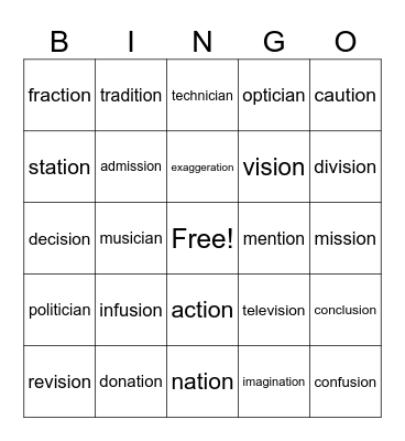 sticky I words Bingo Card