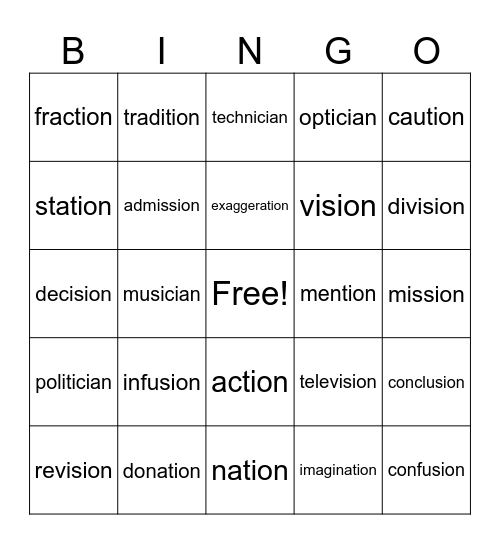 sticky I words Bingo Card