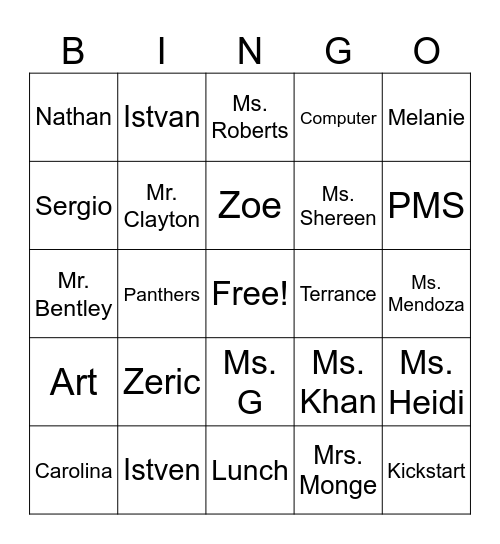 Our Class Bingo Card