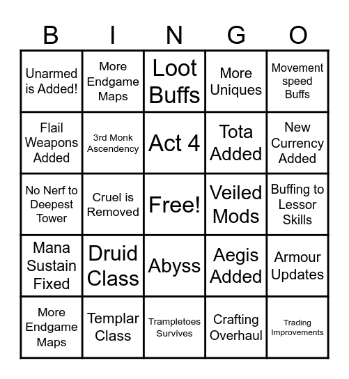 Path of Exile 2 - 0.3 Wishlist Bingo Card