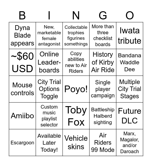 Kirby Air Riders Direct Bingo Card