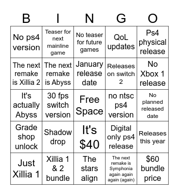 Tales of Remaster Bingo Card