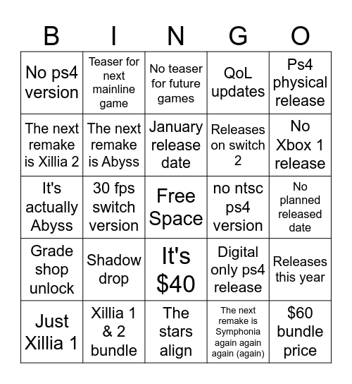Tales of Remaster Bingo Card