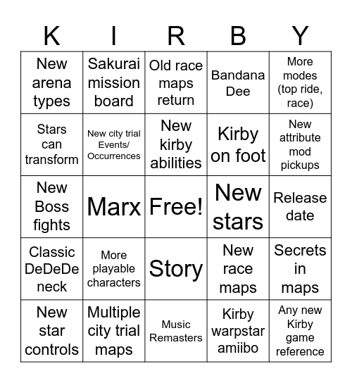 Kirby AirRiders Direct Bingo Card