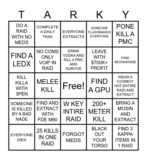 TARKOV BINGO Card