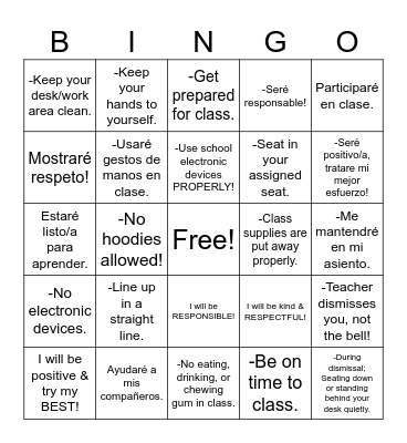 Maestra Ortiz's Class Rules and Expectations Bingo Card