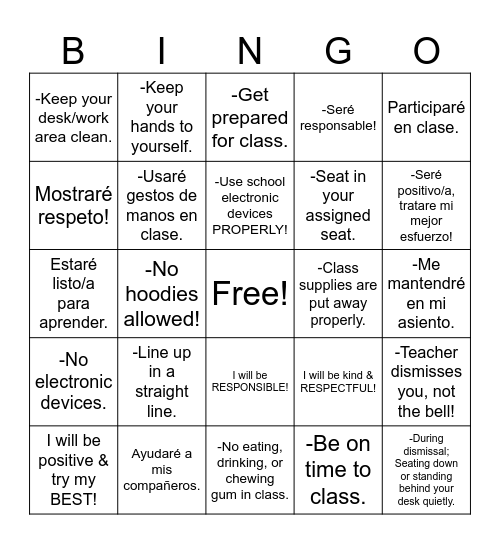 Maestra Ortiz's Class Rules and Expectations Bingo Card