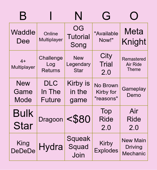 Kirby Air Riders Direct Predictions Bingo Card
