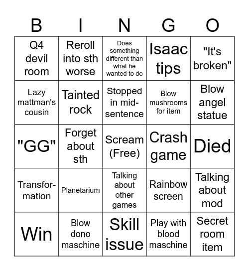Lazy Mattman Bingo Card