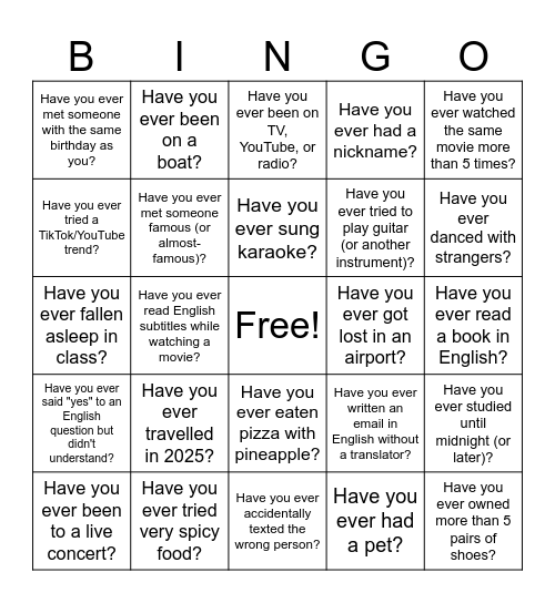 Get to know you Bingo Card
