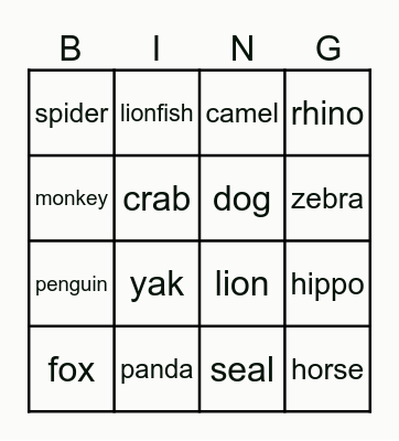 ANIMAL BINGO Card