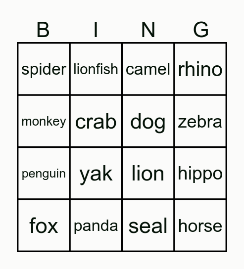 ANIMAL BINGO Card