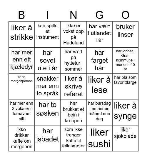 Bli kjent med kolleger! Finn en som.. Bingo Card