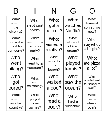 Back-to-School Bingo - What did you do over the holiday? Bingo Card