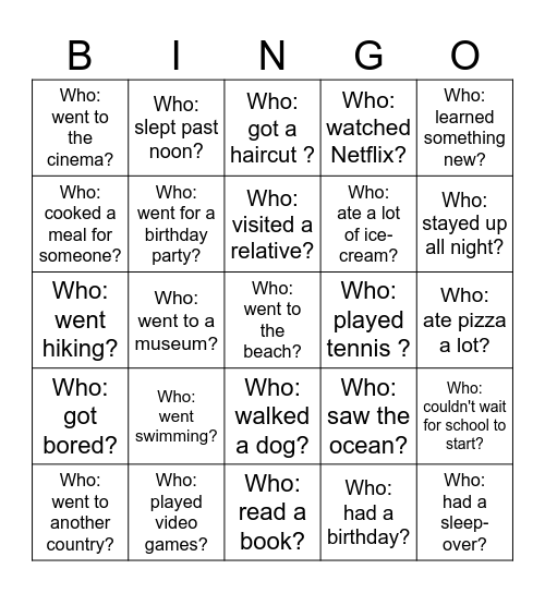 Back-to-School Bingo - What did you do over the holiday? Bingo Card
