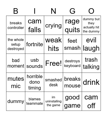 gamer rage Bingo Card