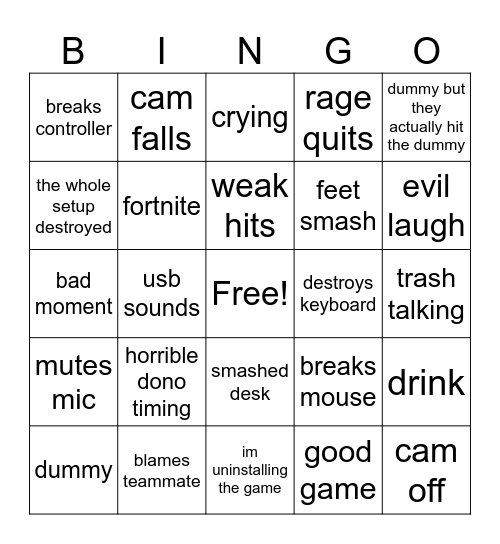 gamer rage Bingo Card
