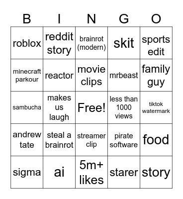 shorts Bingo Card