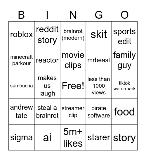 shorts Bingo Card