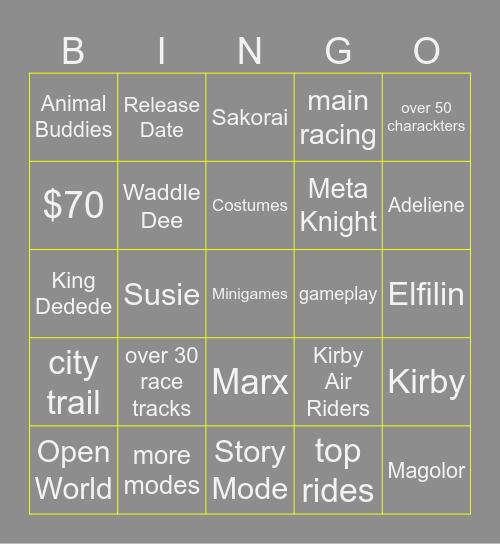 Kirby Air Riders Direct Bingo Card