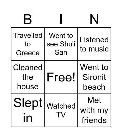My summer vacation Bingo Card